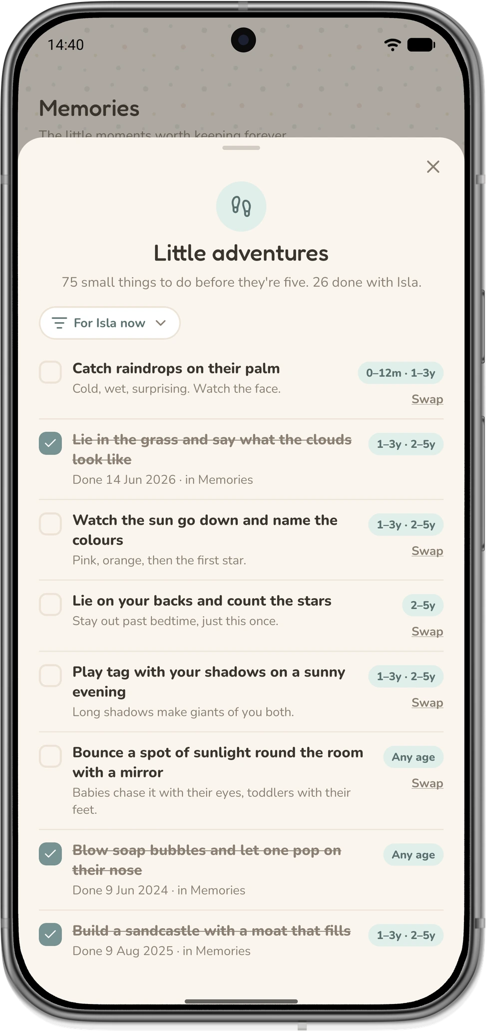 LittleStems Little adventures sheet listing small things to do, with several ticked off