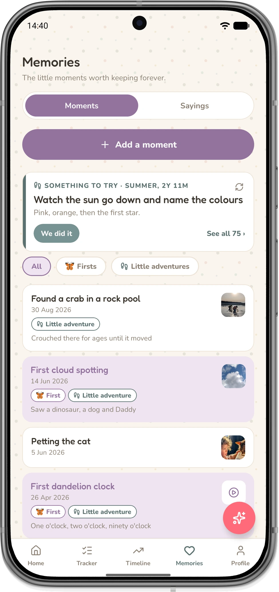 LittleStems Memories tab on Moments, with a Something to try idea above a list of moments and firsts