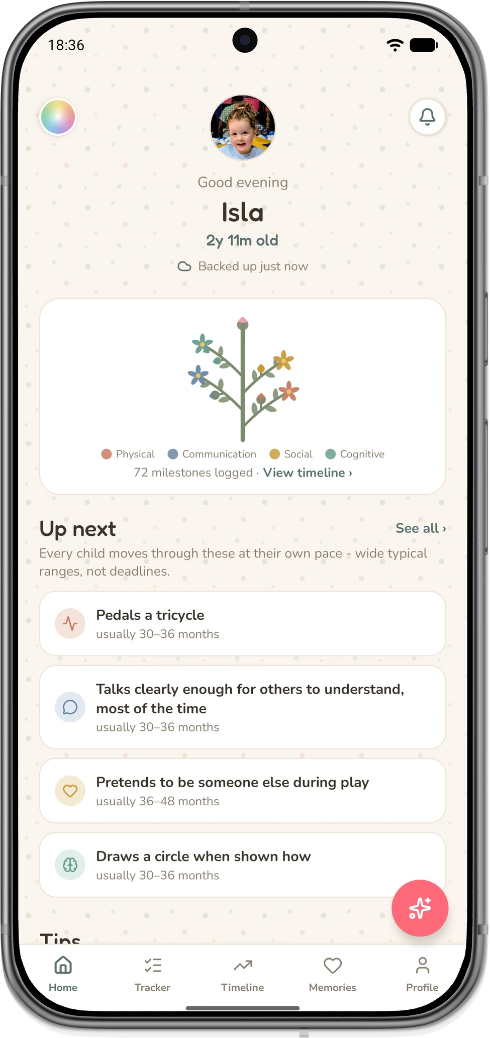 LittleStems home screen for Isla, with a flowering growth stem and upcoming milestones