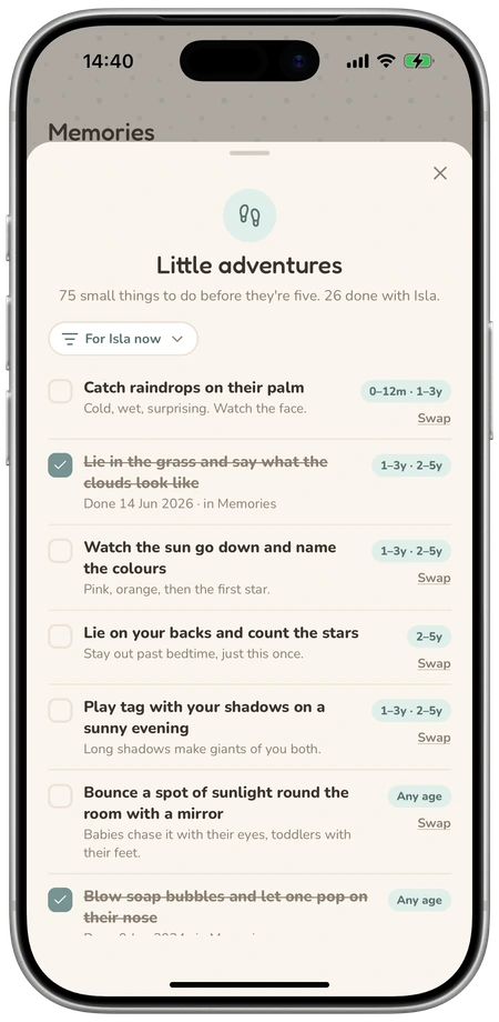 LittleStems Little adventures sheet listing small things to do, with several ticked off