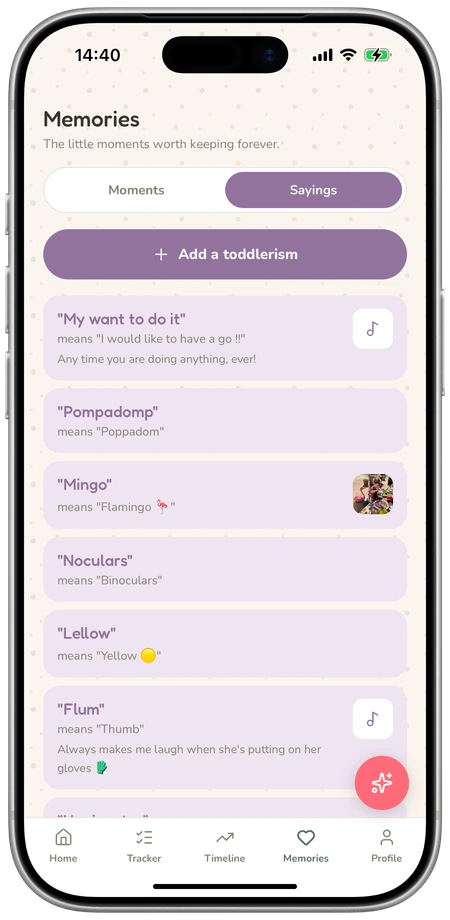 LittleStems Memories tab on Sayings, listing toddlerisms with photo, video, and audio
